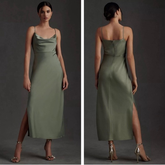 $168 BHLDN Moss Green Cali Satin Cowl Neck Sleeveless Midi Slip Dress size 0 - Picture 1 of 13